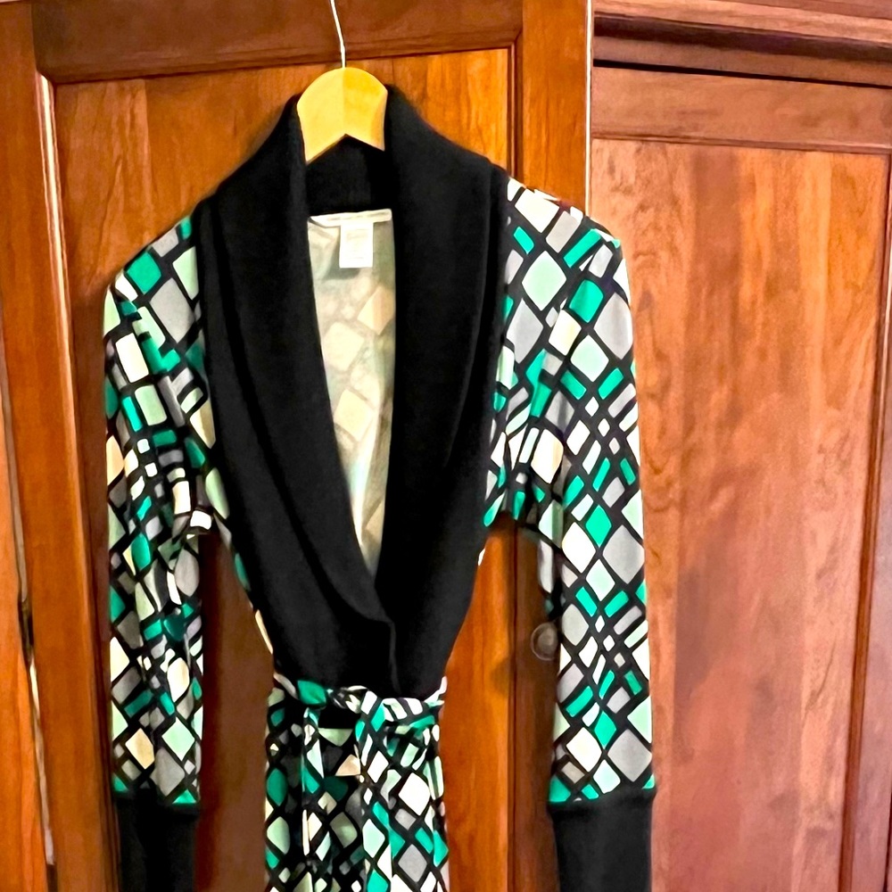 DVF Shawl Collar Geometric Print Wrap Dress